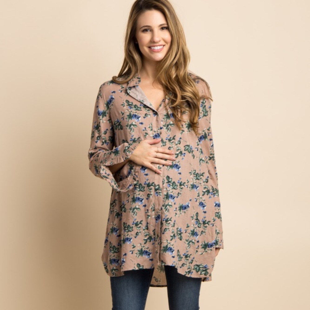 Taupe Floral Ruffle Cuff Button Up Maternity Top